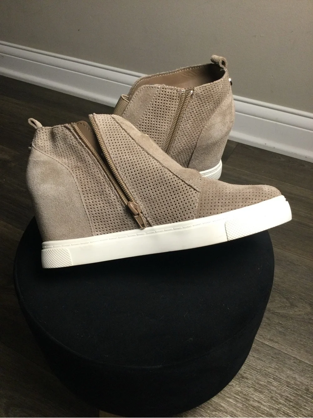 Steve Madden Wedge Sneaker Booties in Taupe Suede